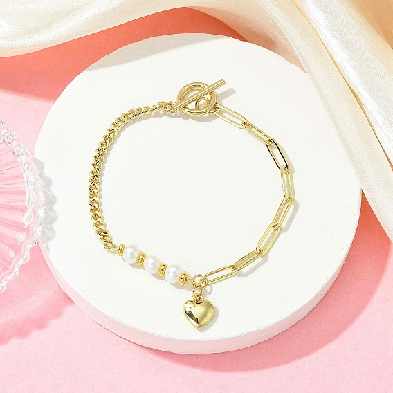 Латунные сердца шарм браслеты, латунные браслеты из скрепок и цепочек-панцирей для женщин, с натуральным культивированным пресноводным жемчугом