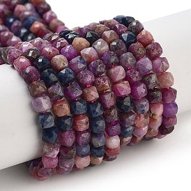 Natural Red Corundum/Ruby and Sapphire Beads Strands, Faceted, Cube