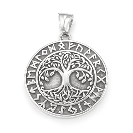 304 Stainless Steel Pendants, Flat Round with Tree of Life & Rune Pattern