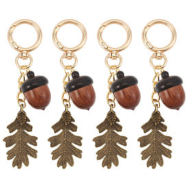 4 Pièces de glands en bois avec pendentifs en forme de feuille en alliage, avec anneaux de ressort