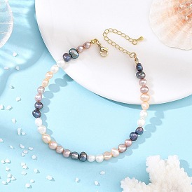 Natural Cultured Freshwater Pearl Beaded Anklets for Women, Two Sides Polished, Mixed Dyed and Undyed, Golden