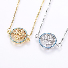304 Stainless Steel Pendant Necklaces, with Cubic Zirconia, Flat Round with Tree