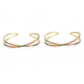 Colorful Cubic Zirconia Criss Cross Cuff Bangle, Brass Wire Wrap Open Bangle for Women, Nickel Free