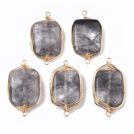 Natural Cloudy Quartz Links Connectors, Wire Wrapped Links, with Light Gold Tone Brass Wires, Rectangle