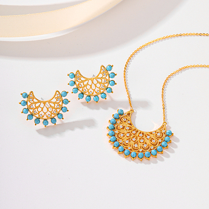 Комплекты серег и ожерелий с подвесками из синтетической бирюзы, комплекты украшений из прозрачных кубических цирконий с микропаве из лунной латуни