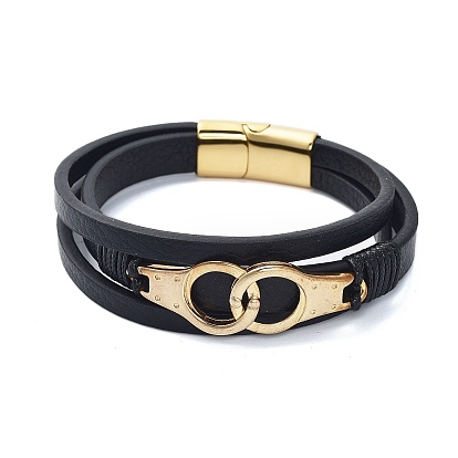 Мужские многожильные браслеты из черного шнура из искусственной кожи, узел 304 браслеты со звеньями из нержавеющей стали и магнитными застежками