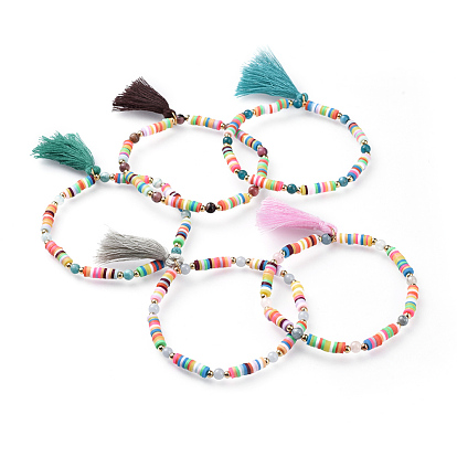 Polymer Clay Heishi Bead Stretch Charm Bracelets, with Natural Gemstone Beads, Brass Beads and Cotton Thread Tassels