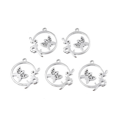 201 Stainless Steel Connector Charms, Laser Cut, Ring with Butterfly and Leaf