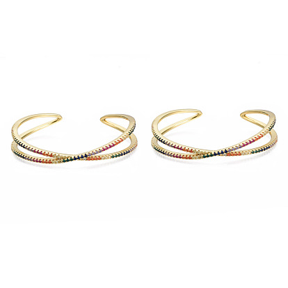 Colorful Cubic Zirconia Criss Cross Cuff Bangle, Brass Wire Wrap Open Bangle for Women, Nickel Free