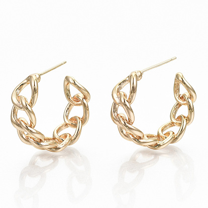 Semicircular Brass Half Hoop Earrings, Stud Earrings, Nickel Free, Curb Chain Shape