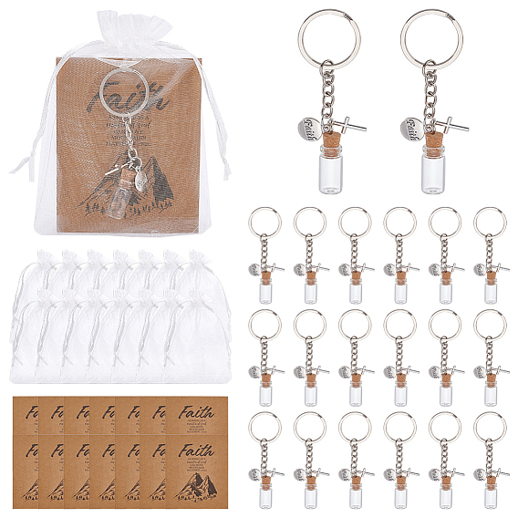 90шт. стеклянные бутылки желаний и брелки из сплава, с железными кольцами и подарочными пакетами из бумажных карточек и органзы