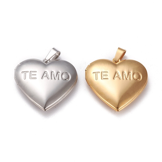 304 Stainless Steel Locket Pendants, Photo Frame Charms for Necklaces, Heart with Diamond & TE AMO