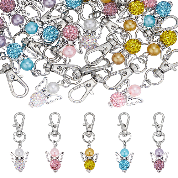 20шт 5 цвета ангела полимерная глина подвеска со стразами украшения, со стеклянными жемчужными бусинами и поворотными застежками-карабами из сплава