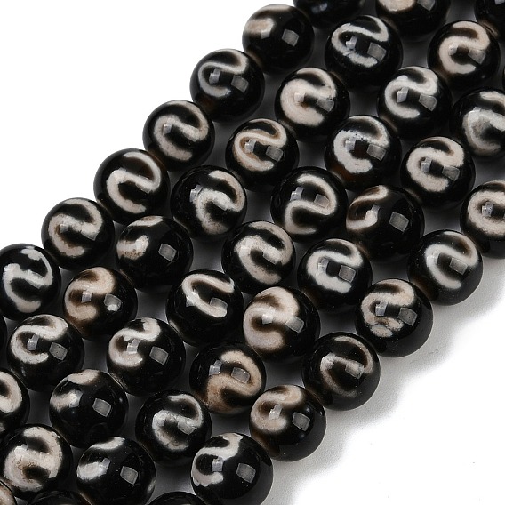 Тибетского стиля DZI бисер нитей, природный агат бисер нитей, окрашенная и подогревом, круглый с рисунком в виде крючка для денег