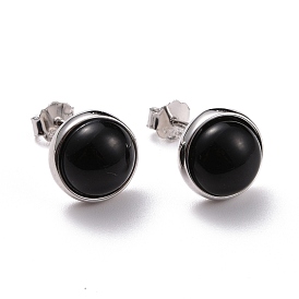 925 Sterling Silver Stud Earrings, Half Round Black Agate Earrings for Women, Platinum