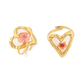 Heart Ion Plating(IP) 304 Stainless Steel Open Cuff Rings for Women, with Epoxy Resin & Dried Flower inside