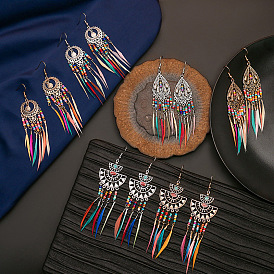 Personality Exaggerated Feather Earrings Hollow Bohemia Colorful Beads Feather Tassel Earrings Female