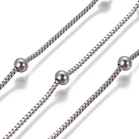 304 Stainless Steel Box Chains, with Round Beads, Unwelded