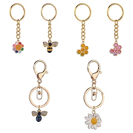 6Pcs Alloy Enamel Pendants Keychain, with Iron & 304 Stainless Steel & Alloy Findings, Bees & Flower & Sunflower & Honeycomb