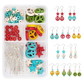 SUNNYCLUE DIY Peace Theme Earring Making Kits, Including Peace Sign & Star & Rondelle Synthetic Turquoise Beads, Iron Flat Head Pins, Brass Earring Hooks