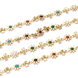 Handmade Brass Enamel Link Chains, with Spool, Long-lasting Plated, Unwelded, Flower