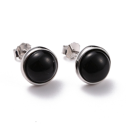 925 Sterling Silver Stud Earrings, Half Round Black Agate Earrings for Women, Platinum