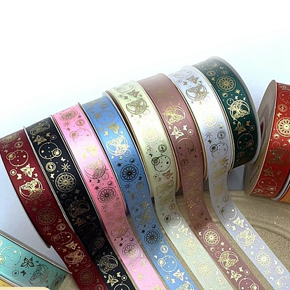 Cintas de poliéster con estampado en caliente dorado con estampado de mariposa y estrella, para manualidades hechas a mano, moños para el cabello y decoración de regalo
