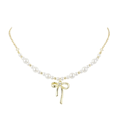 Bowknot Alloy Shell Pearl Pendants Necklaces, Brass Cable Chains Necklaces for Women