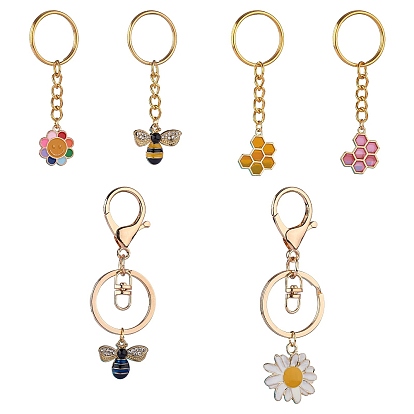 6Pcs Alloy Enamel Pendants Keychain, with Iron & 304 Stainless Steel & Alloy Findings, Bees & Flower & Sunflower & Honeycomb