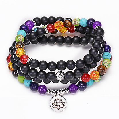 Colorful Natural Stone Mala Bracelet with Lotus OM Tree Pendant - Yoga Necklace