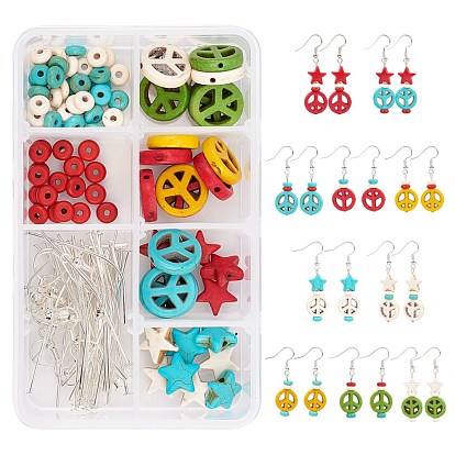 DIY Peace Theme Earring Making Kits, Including Peace Sign & Star & Rondelle Synthetic Turquoise Beads, Iron Flat Head Pins, Brass Earring Hooks