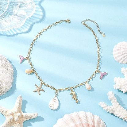 Подвеска в виде капли, состоящая из эмалевого сплава, морской звезды и натуральной ракушки, китового хвоста 304 Женские ожерелья из нержавеющей стали с цепочкой, золотые