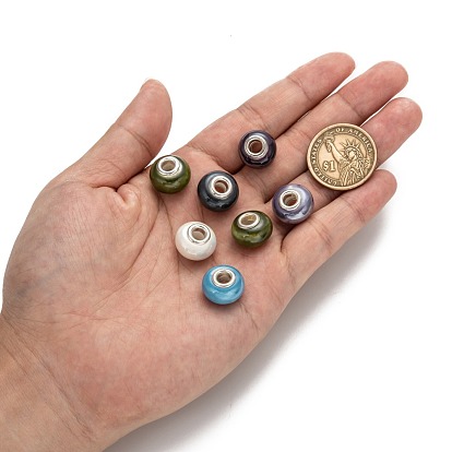 Handmade Porcelain European Beads, with Silver Color Brass Double Cores, Rondelle, 15x10~11mm, Hole: 5mm