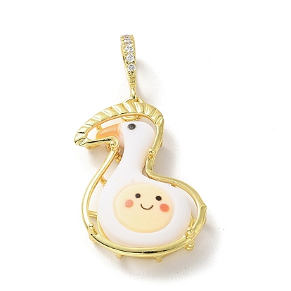 Opaque Resin Pendants, Large Hole Pendant, with Real 18K Gold Plated Brass Findings & Clear Cubic Zirconia, Cadmium Free & Lead Free, Duck with Smiling Face