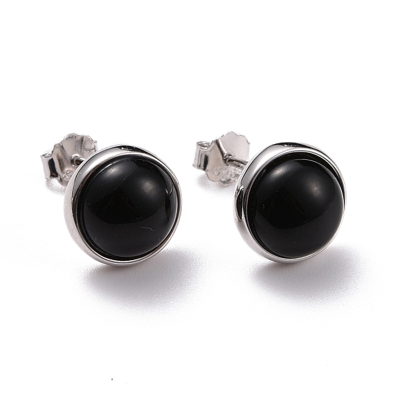 925 Sterling Silver Stud Earrings, Half Round Black Agate Earrings for Women, Platinum