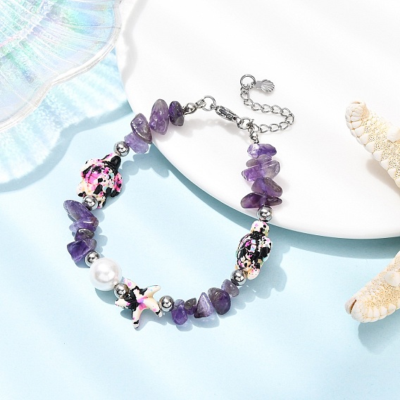 Браслеты из натуральных и синтетических бусин из драгоценных камней и синтетической бирюзы для женщин, с ракушкой и жемчужиной