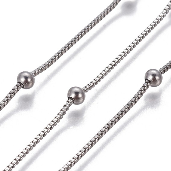 304 Stainless Steel Box Chains, with Round Beads, Unwelded