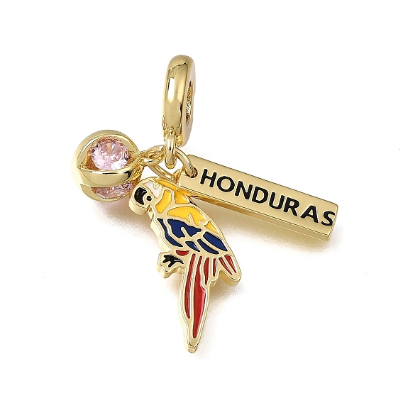Brass Micro Pave Cubic Zirconia European Dangle Pendants, Large Hole Pendants, Honduras Parrot Charms, with Enamel, Rack Plating, Long-Lasting Plated, Cadmium Free & Lead Free