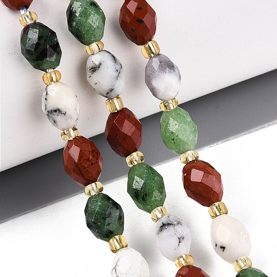 Нити бусин из натурального рубина в цоизите, красной яшме и цветочном опале, рис, граненые