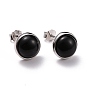 925 Sterling Silver Stud Earrings, Half Round Black Agate Earrings for Women, Platinum