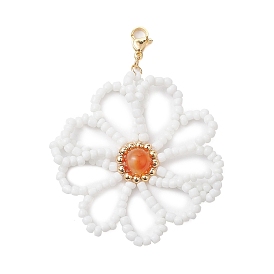 Flower Natural Carnelian & Glass Seed Beads Pendant Decorations, for Bag, Keychain Ornaments