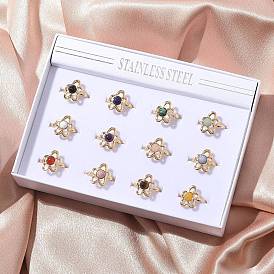 Круглые кольца из смешанных натуральных камней, 304 Кольца-манжеты из нержавеющей стали в форме цветка, реальный 18 k позолоченный, ионное покрытие (ip)