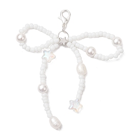Bowknot Natural Cultured Freshwater Pearl & Glass Beaded Pendant Decoration, Lobster Claw Clasps Charm for Bag Ornaments