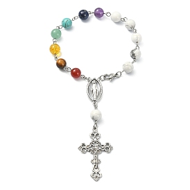 Natural & Synthetic Mixed Gemstone Rosary Bead Bracelet, Alloy Cross & Virgin Mary Charm Bracelet for Women