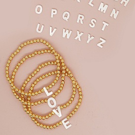 Stackable White Shell Alphabet Bracelet with Gold Beads - 26 Letters Jewelry for Spring