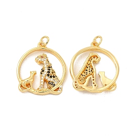 Brass Micro Pave Cubic Zirconia Pendants, with Jump Ring, Flat Round with Cheetah/Leopard Charm, Golden