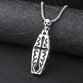 Coffin Urn Titanium Steel Cross Pendant Necklace Open Skeleton Halloween Gift