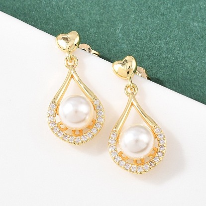 Серьги-гвоздики в форме капли из латуни с микропаве из прозрачных кубических цирконий, с акриловой имитация жемчуга, долговечный, стойки покрытие, без кадмия и без свинца