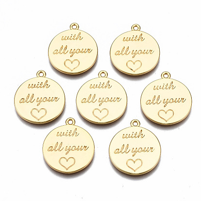 Brass Micro Pave Clear Cubic Zirconia Pendants, for Valentine's Day, Nickel Free, Flat Round with Word With All Your and Heart
