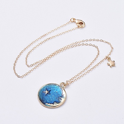Alloy Enamel Pendant Necklaces, with Brass Cable Chains and Cardboard Jewelry Set Boxes, Flat Round with Moon and Star